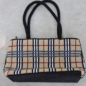 Elegant Black and Tan Plaid Beaded Women's Bag